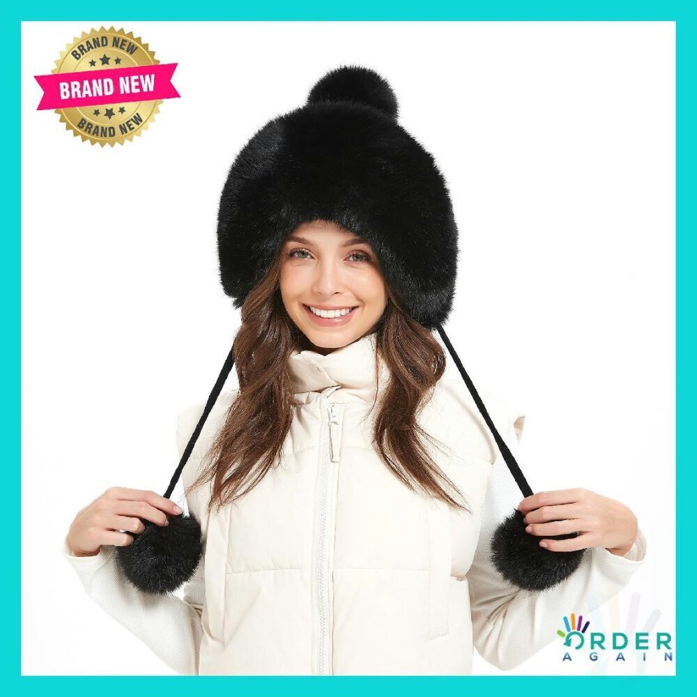 Faux Fur Knit Hat Slouchy Beanie with Pompom Earflaps Winter Warm Trapper